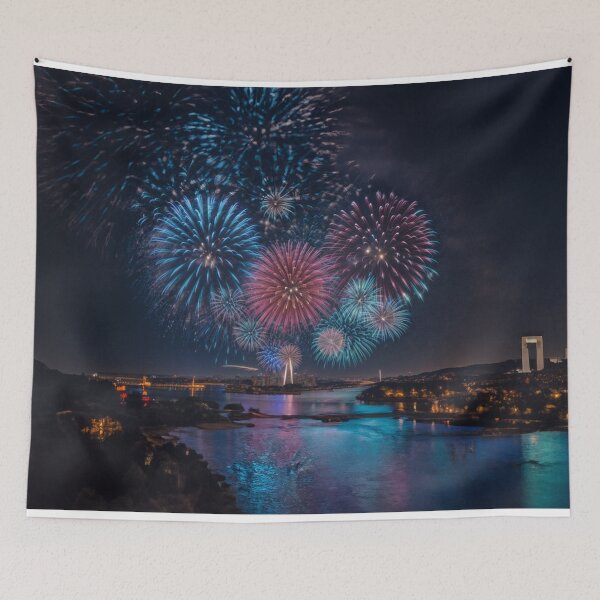 Item preview, Fireworks, river, bridge, city, night designed and sold by radhakidesign.