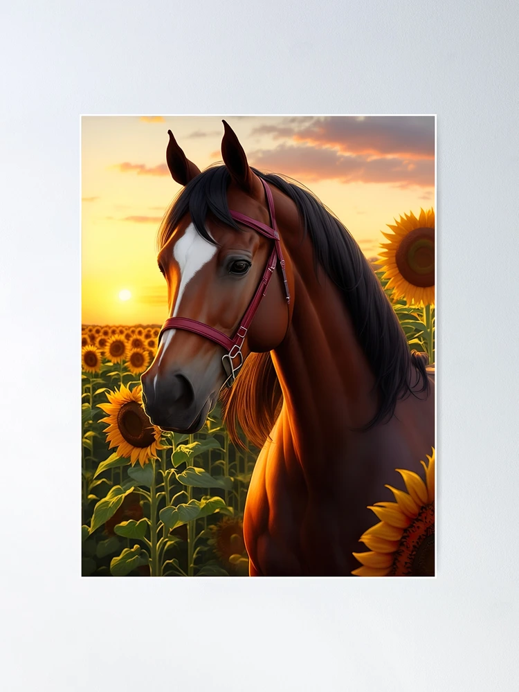 Serenity's Canvas: Majestic Horse in Sunflower Field at Sunset Art Print | Poster