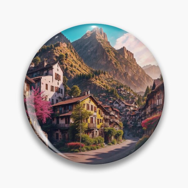 Item preview, A Picturesque Mountain Town with Colorful Houses and Narrow Streets, Offering a Delightful Blend of Natural Beauty and Quaint Architecture, Ai Generated Art designed and sold by AiGens.