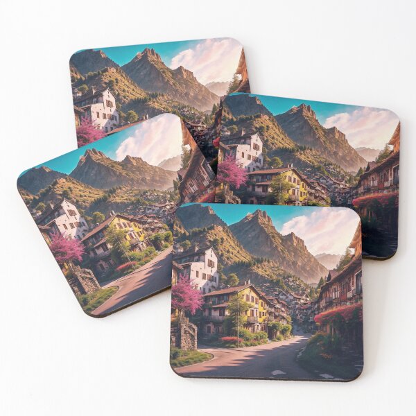 Item preview, A Picturesque Mountain Town with Colorful Houses and Narrow Streets, Offering a Delightful Blend of Natural Beauty and Quaint Architecture, Ai Generated Art designed and sold by AiGens.