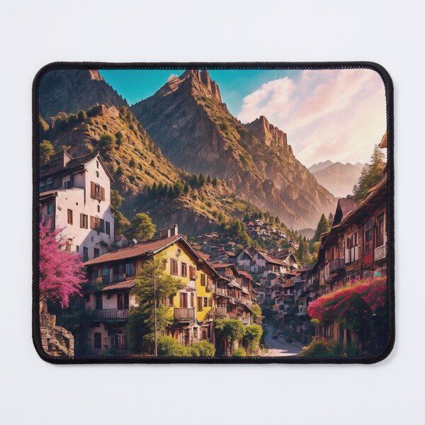 Item preview, A Picturesque Mountain Town with Colorful Houses and Narrow Streets, Offering a Delightful Blend of Natural Beauty and Quaint Architecture, Ai Generated Art designed and sold by AiGens.