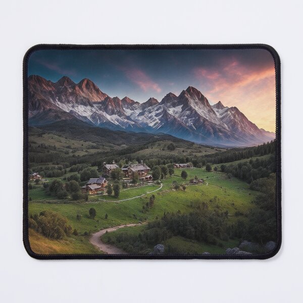 Item preview, An Enchanting Mountain Scene Featuring a Ranch Nestled in a Secluded Valley, Offering a Rustic Charm and a Close Connection to Nature's Bounty, Ai Generated Art designed and sold by AiGens.