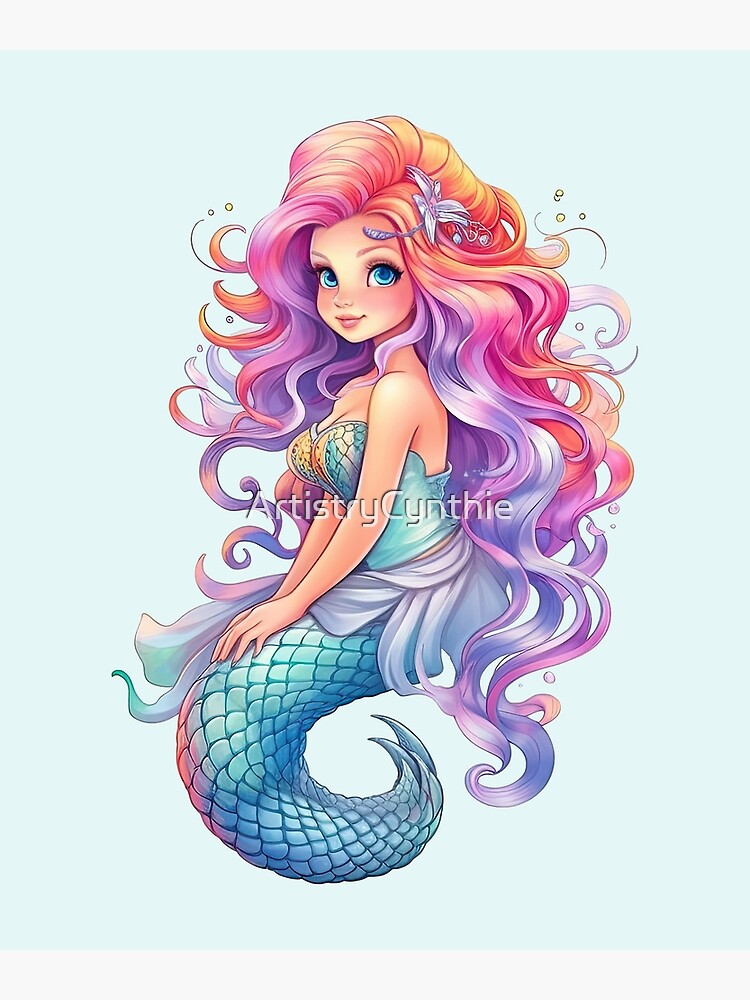 Beautiful Mermaid Illustration with Long Red Hair and Blue Eyes on a Fish  and Starfish Background · Creative Fabrica