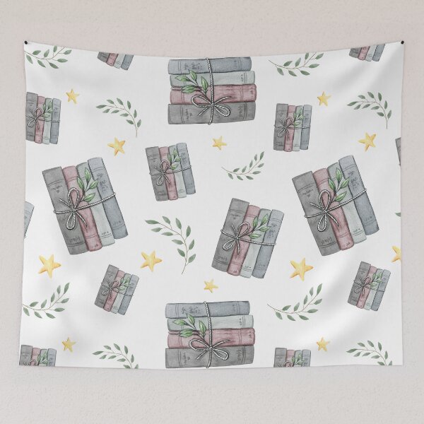 Item preview, Watercolor Bookish Light Book Illustration Pattern with Plants and Stars designed and sold by Simply Magic Supply.