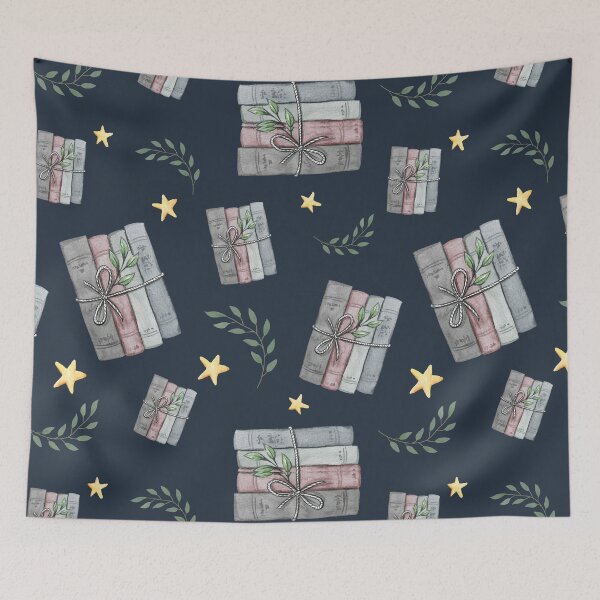 Item preview, Blue Watercolor Bookish Light Book Illustration Pattern with Plants and Stars designed and sold by Simply Magic Supply.