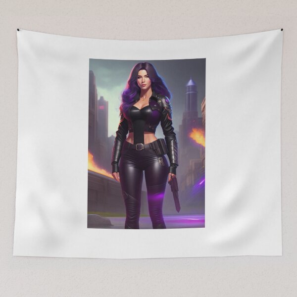 Item preview, A total body woman with wavy dark hair and purple eyes, wearing black top, black pants designed and sold by digitallyyour.