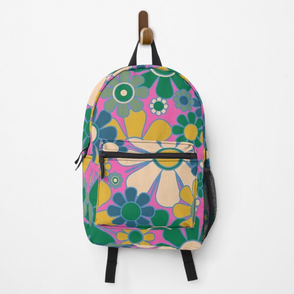 Item preview, Retro Garden Flowers Groovy 60s 70s Floral Pattern Pink Green Blue Mustard Yellow designed and sold by kierkegaard.