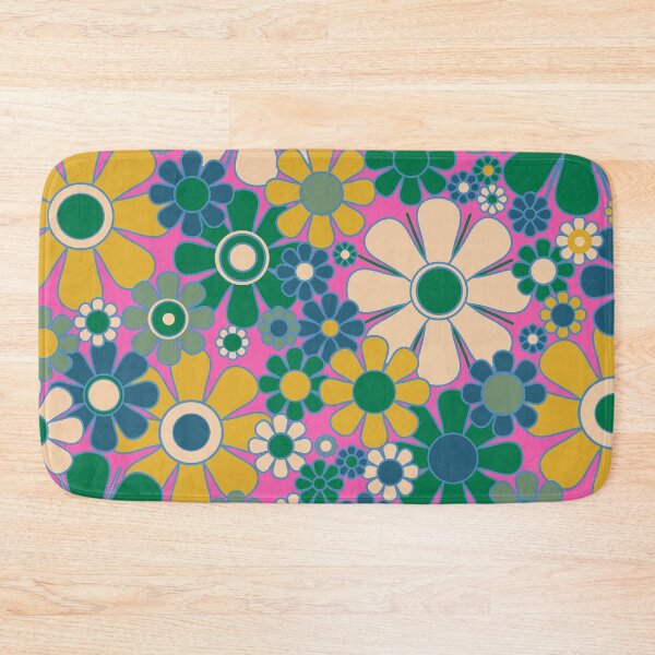 Item preview, Retro Garden Flowers Groovy 60s 70s Floral Pattern Pink Green Blue Mustard Yellow designed and sold by kierkegaard.