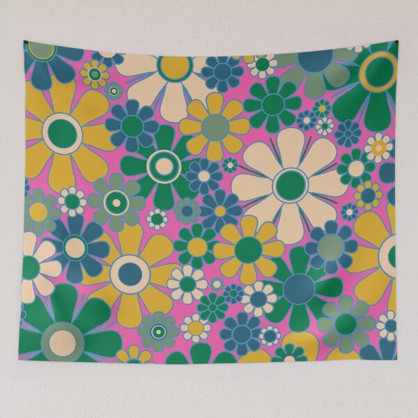 Item preview, Retro Garden Flowers Groovy 60s 70s Floral Pattern Pink Green Blue Mustard Yellow designed and sold by kierkegaard.