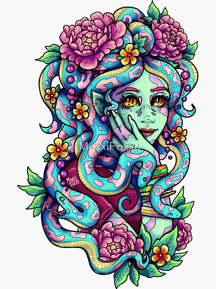 Coral and blue Medusa portrait Sticker for Sale by saraknid