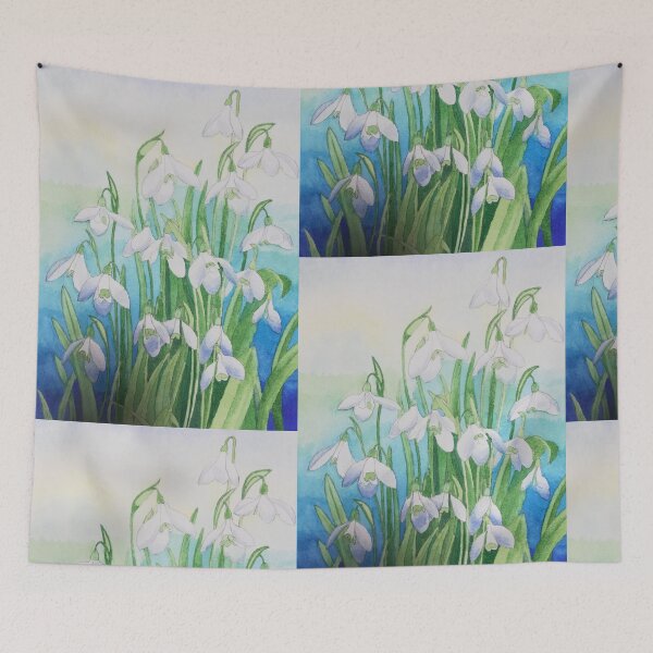 Item preview, Snowdrops watercolour painting with a blue background.  designed and sold by esvb.