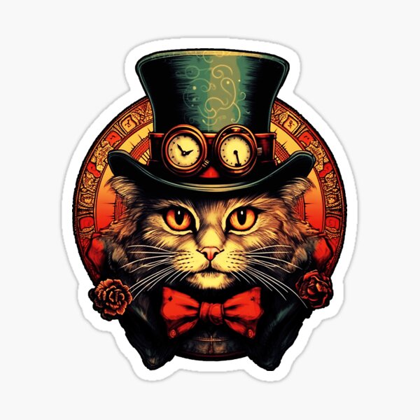 Steampunk Retro Vintage Cat in Green Hat Sticker