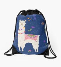 Llama on Blue Drawstring Bag