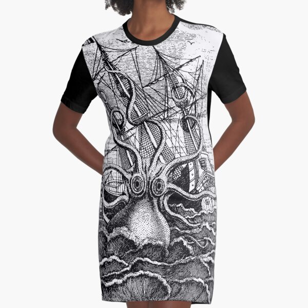Vintage Kraken attacking ship illustration Graphic T-Shirt Dress