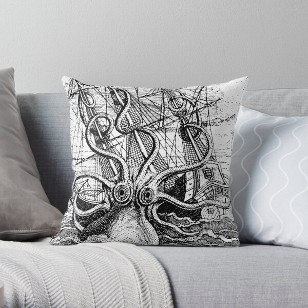 Vintage Kraken attacking ship illustration Throw Pillow