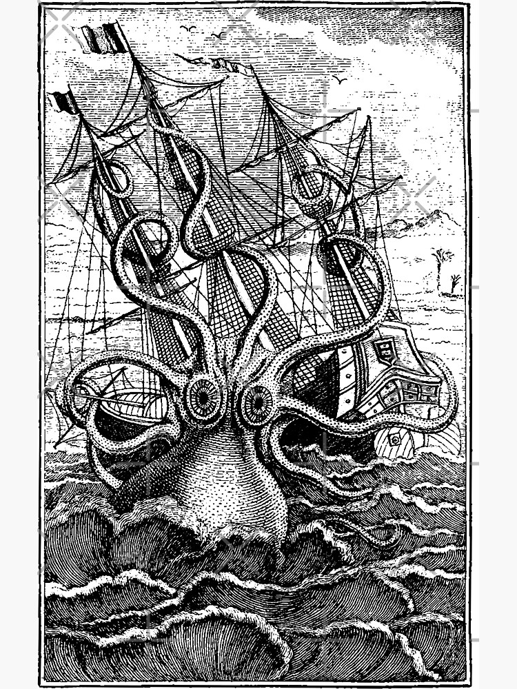 Vintage Kraken attacking ship illustration by monsterplanet
