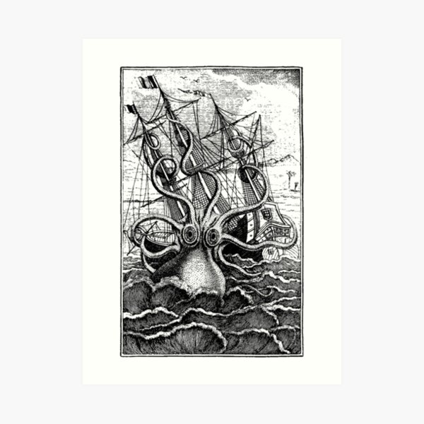 Ilustración de barco de ataque Kraken vintage Lámina artística