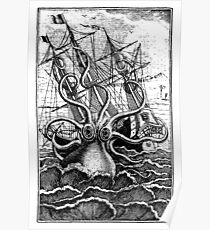 Angreifende Schiffsillustration des Vekturs Kraken Poster
