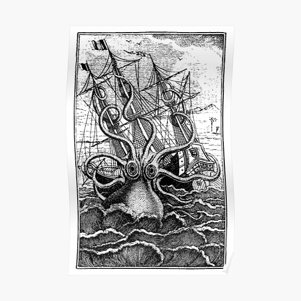 Vintage Kraken attacking ship illustration Poster