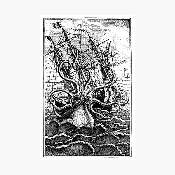 Vintage Kraken attacking ship illustration Photographic Print