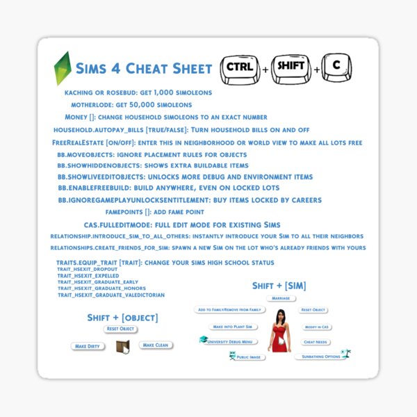 Sims 4 Cheat Sheet Sticker Sticker for Sale by Naama Tamir