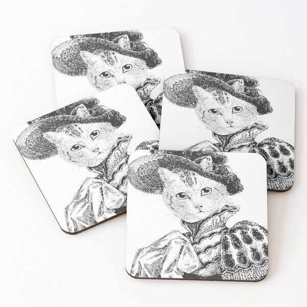 Pussycat Portrait | No. 2 of 2 from The Owl and the Pussycat Set | Anthropomorphic Cat | Vintage Cats | Black and White | Coasters (Set of 4)