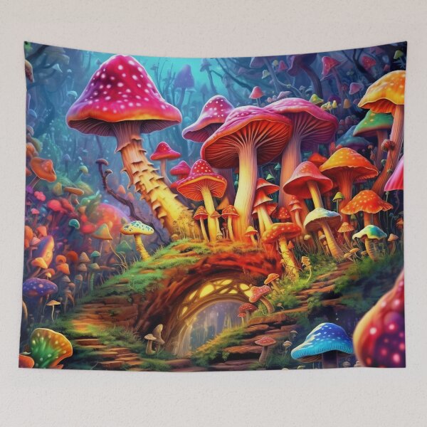 Aperçu de l'œuvre Magic mushrooms. Psychedelic hallucination. Vibrant illustration. 60s 70s hippie colorful art. créée et vendue par anytka.