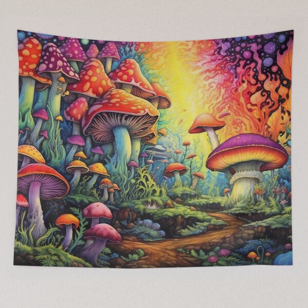 Aperçu de l'œuvre Magic mushrooms. Psychedelic hallucination. Vibrant illustration. 60s 70s hippie colorful art. créée et vendue par anytka.