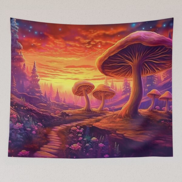 Aperçu de l'œuvre Magic mushrooms. Psychedelic hallucination. Vibrant illustration. 60s 70s hippie colorful art. créée et vendue par anytka.