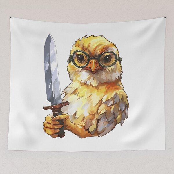 Item preview, Comic chicken chick with a knife. Meme chicken designed and sold by Anastasiia Yurevych.