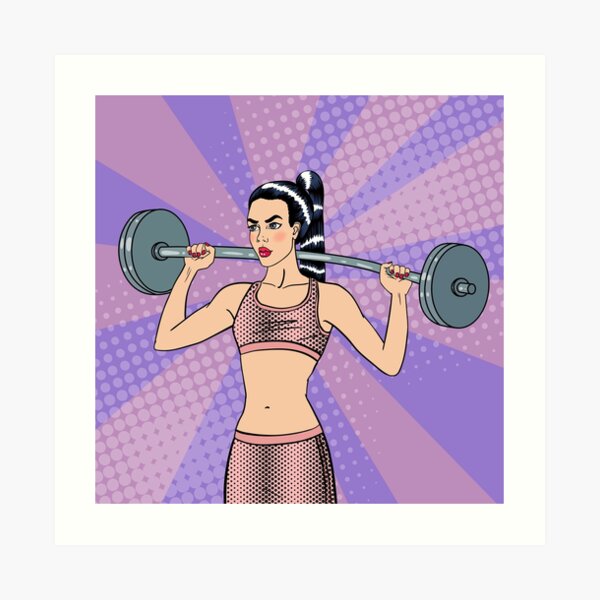 Young woman doing fitness with barbell in pop art style on