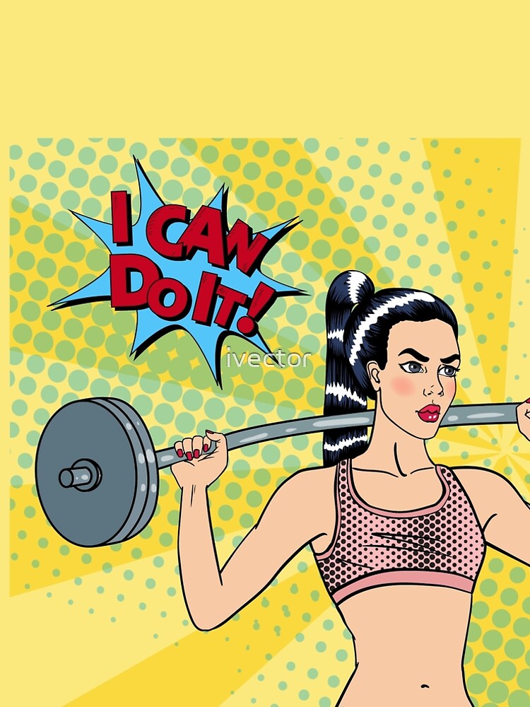 Young woman doing fitness with barbell in pop art style on