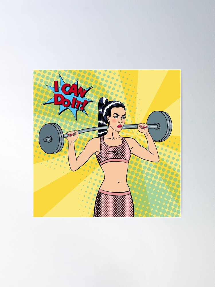 Young woman doing fitness with barbell in pop art style on