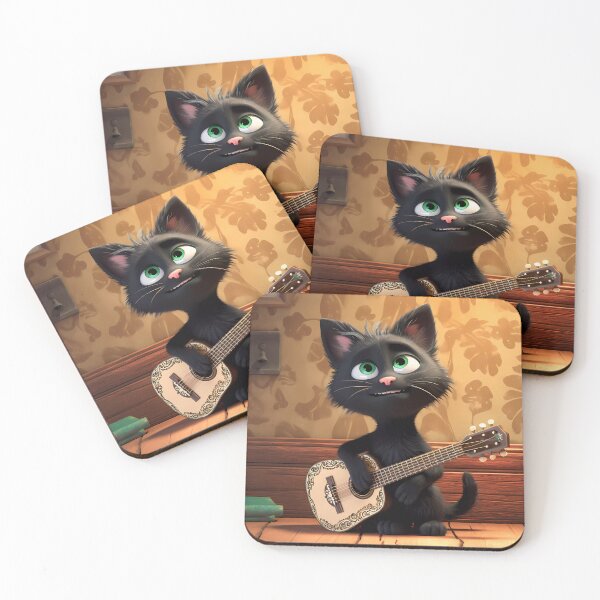 Item preview, Happy Young Black Cat with Green Eyes Playing the Guitar: A Melodic Serenade of Feline Charm designed and sold by SingularityGeek.