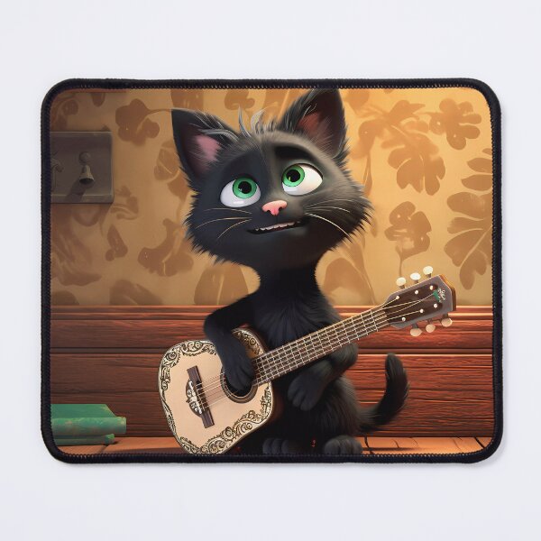 Item preview, Happy Young Black Cat with Green Eyes Playing the Guitar: A Melodic Serenade of Feline Charm designed and sold by SingularityGeek.