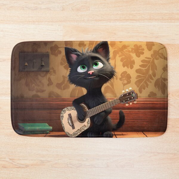 Item preview, Happy Young Black Cat with Green Eyes Playing the Guitar: A Melodic Serenade of Feline Charm designed and sold by SingularityGeek.