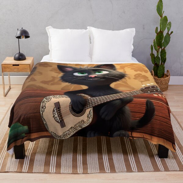 Item preview, Happy Young Black Cat with Green Eyes Playing the Guitar: A Melodic Serenade of Feline Charm designed and sold by SingularityGeek.