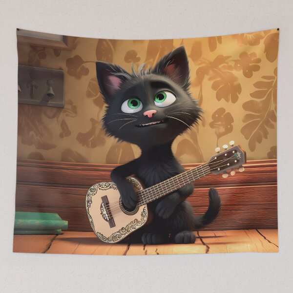 Item preview, Happy Young Black Cat with Green Eyes Playing the Guitar: A Melodic Serenade of Feline Charm designed and sold by SingularityGeek.
