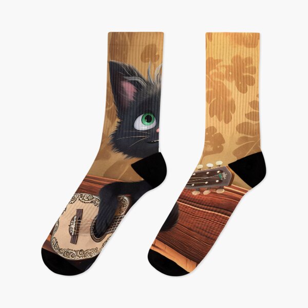 Item preview, Happy Young Black Cat with Green Eyes Playing the Guitar: A Melodic Serenade of Feline Charm designed and sold by SingularityGeek.