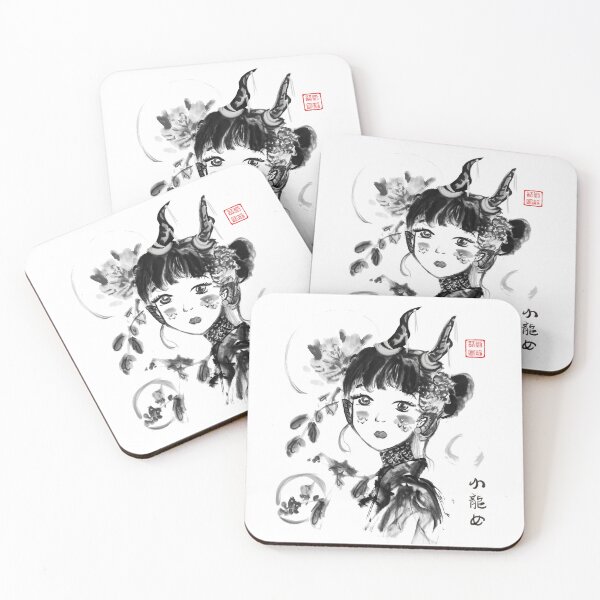 Item preview, Cute dragon girl black and white ink drawing designed and sold by joannahliu.