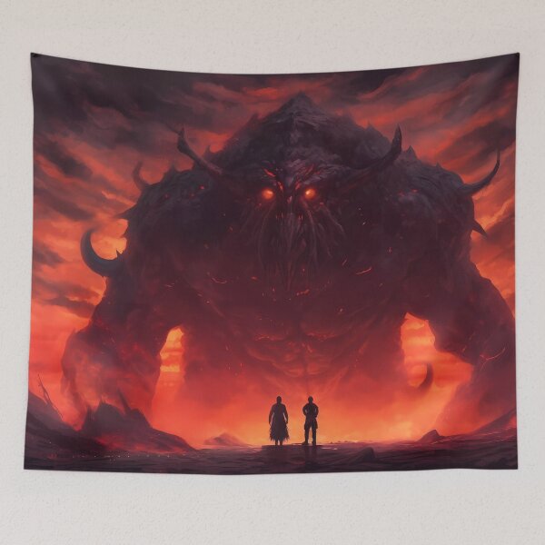 Item preview, Warriors Confronting the Stone Guardian: A Battle Amidst Volcanic Fury designed and sold by SingularityGeek.