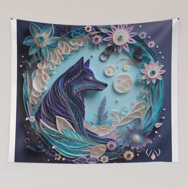 Item preview, Fantasy fox with flowers and moon on blue background. Fantasy illustration. designed and sold by aiphotosart.