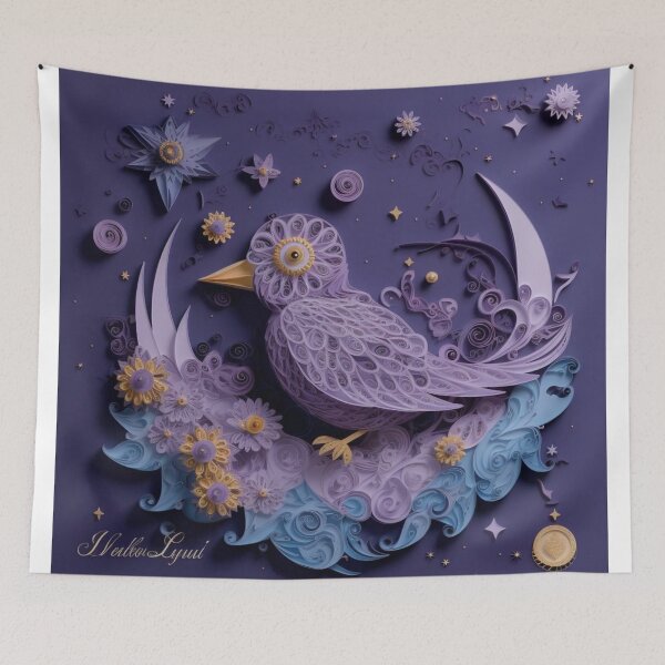 Item preview, Greeting card with purple bird and flowers on a purple background designed and sold by aiphotosart.