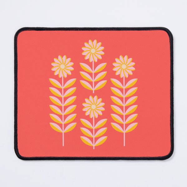 Item preview, LOVE ME LOVE ME NOT Folk Art Mid-Century Modern Scandi Floral SINGLE GRAPHIC With Daisy Flowers and Leaves in Yellow Pink on Coral Orange - UnBlink Studio by Jackie Tahara designed and sold by Jackie Tahara of UnBlink Studio.