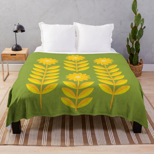 Item preview, LOVE ME LOVE ME NOT Folk Art Mid-Century Modern Scandi Floral SINGLE GRAPHIC With Daisy Flowers and Leaves in Yellow Orange on Green - UnBlink Studio by Jackie Tahara designed and sold by Jackie Tahara of UnBlink Studio.