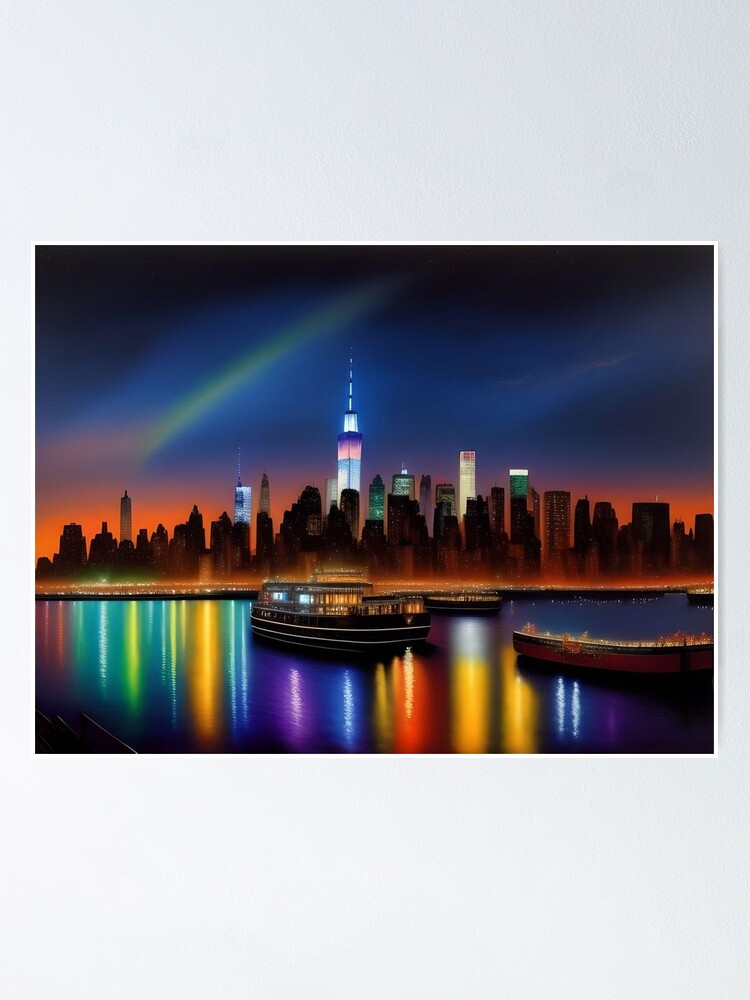 Freedom Tower, Lower Manhattan, New York City lights reflected in the  mirrored surface of the East River New York City landscape painting\
