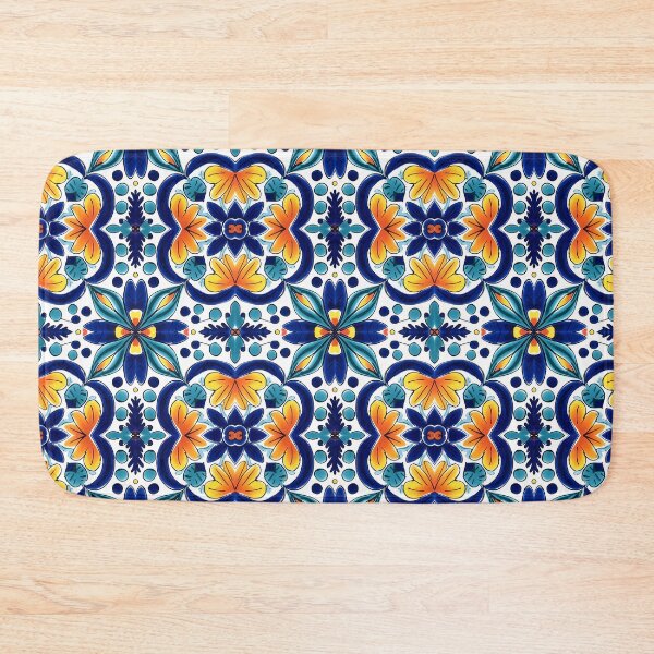 Item preview, Teal & Orange Pattern 2: Talavera Painted Tile Bright Abstract Floral Flowers, Leaves, Dots, Petals designed and sold by elizdesign.