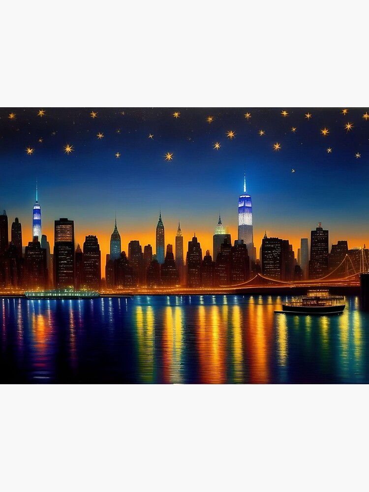 Poster New York City night skyline Manhattan buildings midtown