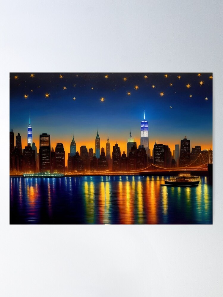 New York City, NY - Skyline at Night: Retro Travel Poster | Large Canvas Art Print | Great Big Canvas