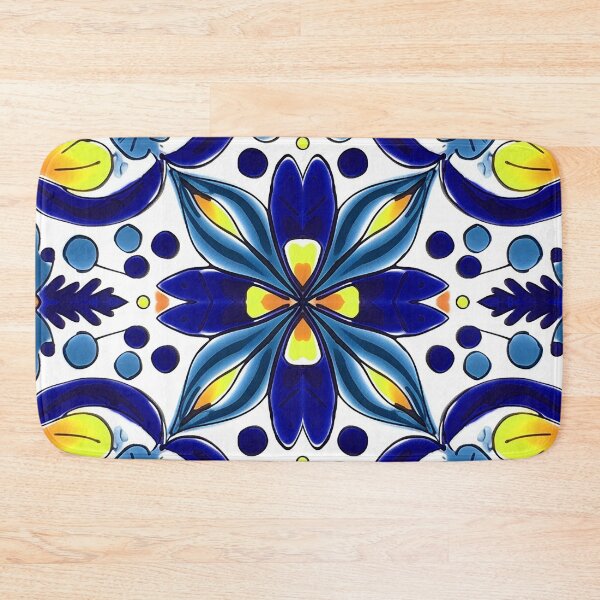 Item preview, Denim & Yellow Talavera: Painted Tile Bright Abstract Floral Flowers, Leaves, Dots, Petals designed and sold by elizdesign.